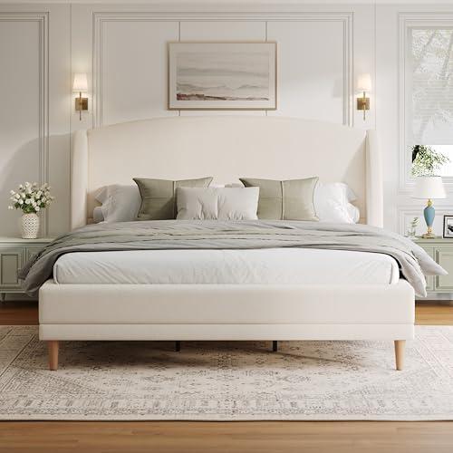 【並行輸入品】 JIJIWANG King Size Boucle Upholstered Bed Frame with Wingback He_1