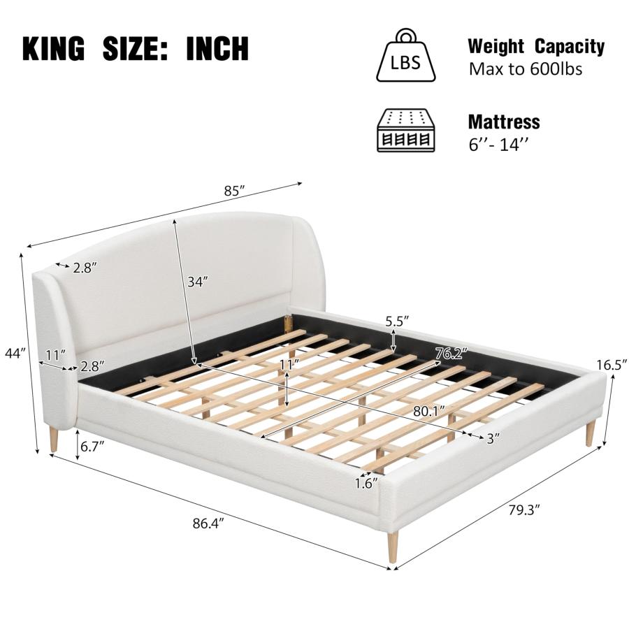 【並行輸入品】 JIJIWANG King Size Boucle Upholstered Bed Frame with Wingback He_3