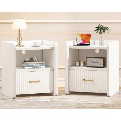 【並行輸入品】Curlaky (カーラキー) ナイトスタンド 充電ステーション付き 溝付きナイトスタンド 2個セット 引き出し付き モダンなベッ_1