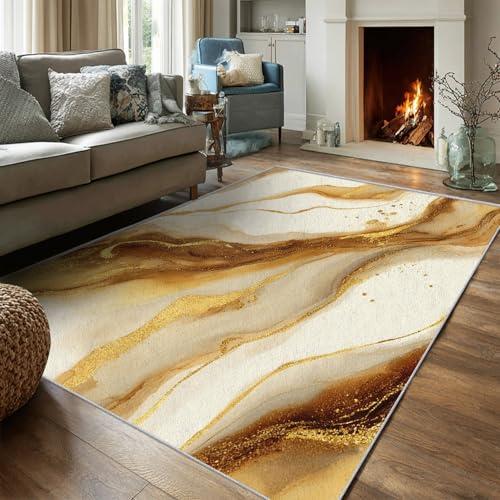【並行輸入品】 Brown Marble Rug， 4x6 Area Rugs Mustard Textured Gold Beige Patt_1