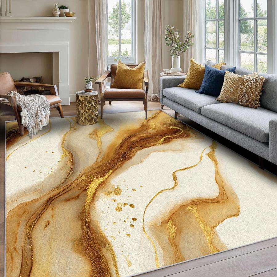 【並行輸入品】 Brown Marble Rug， 4x6 Area Rugs Mustard Textured Gold Beige Patt_6