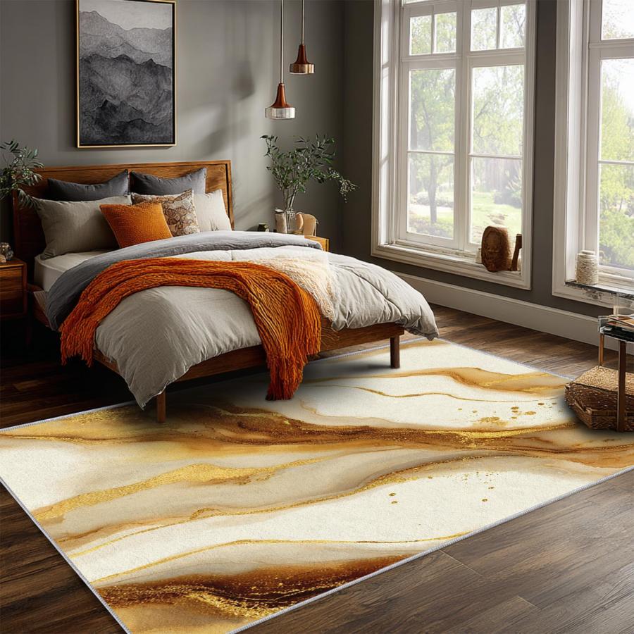 【並行輸入品】 Brown Marble Rug， 4x6 Area Rugs Mustard Textured Gold Beige Patt_9