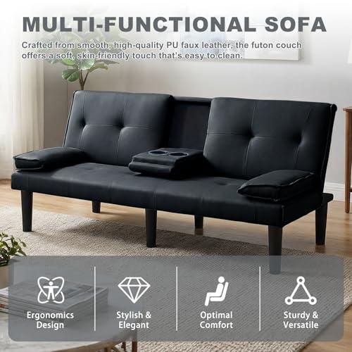 【並行輸入品】 AnoYishev Futon Sofa Bed PU Leather Modern Convertible Futon Cou
