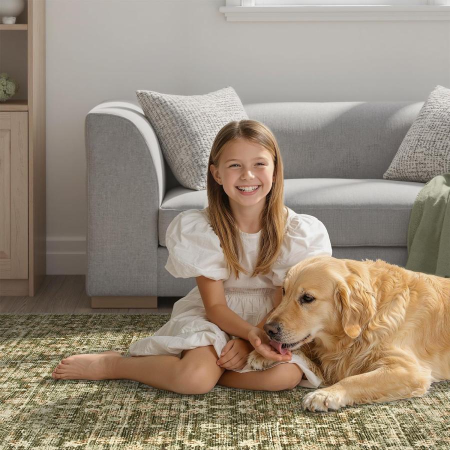 【並行輸入品】DCX 洗濯機洗い可能 オリーブとグリーンのラグ 8x10 DCX 8x10 Neutral Rug， Kid & Pet Fri_6