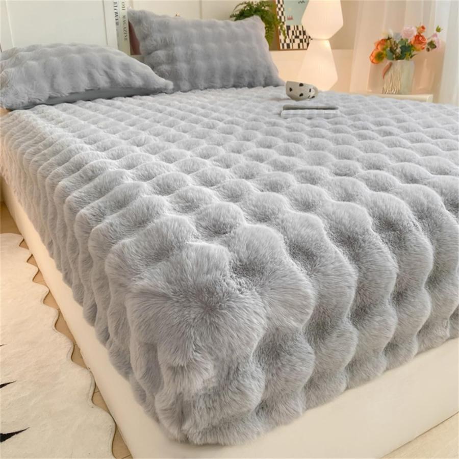 【並行輸入品】 Puffy Comfort Thickened Faux Rabbit Fur Bed Sheet Set， Milk Velv_3