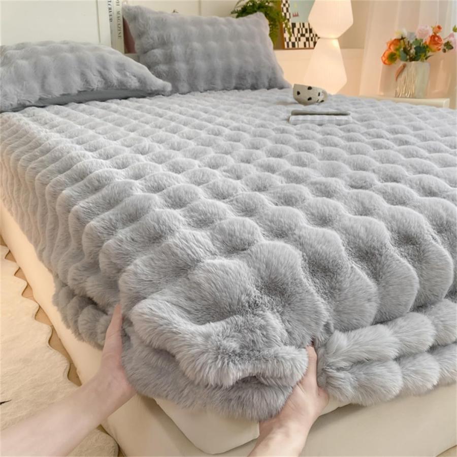 【並行輸入品】 Puffy Comfort Thickened Faux Rabbit Fur Bed Sheet Set， Milk Velv_6