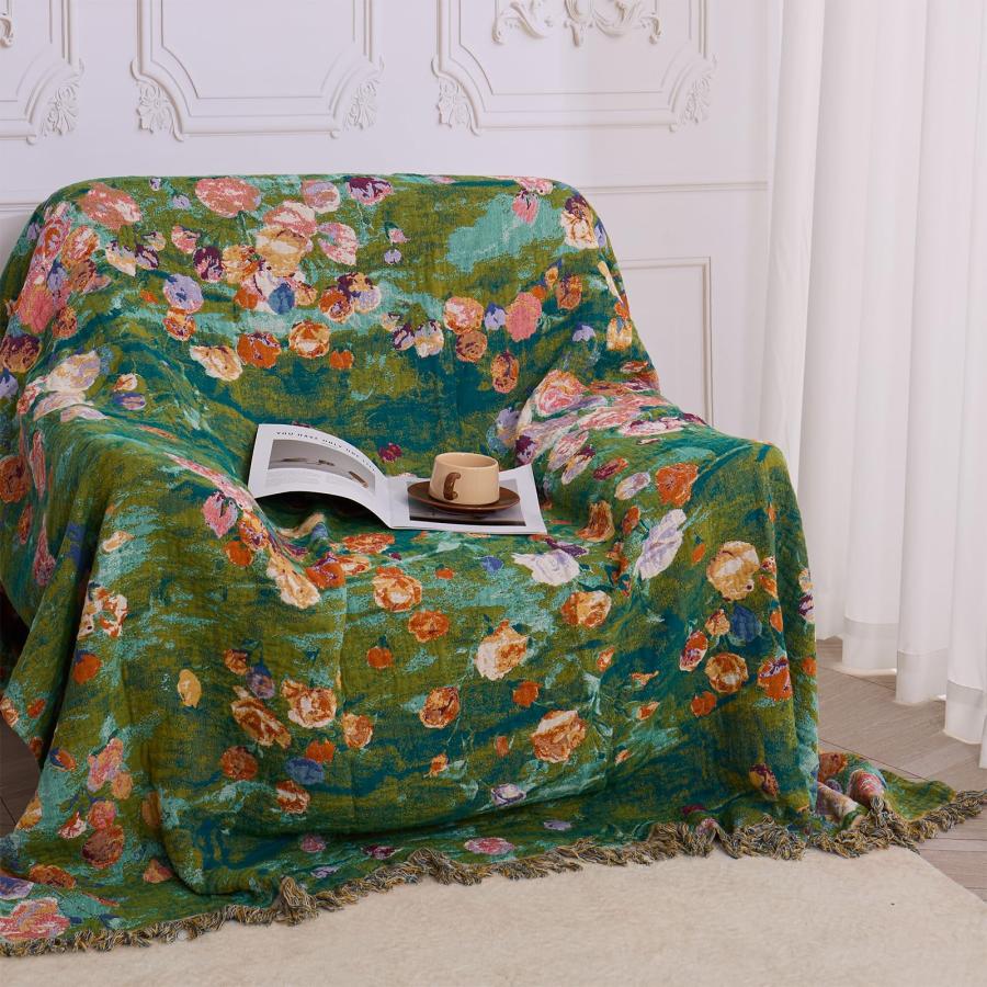 【並行輸入品】Ownkoti ベッド用スローブランケット 90インチ×90インチ キルト100%コットン ボーホーブランケット リバーシブルカバ