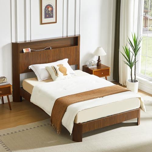 【並行輸入品】 CORAZAZA Walnut Full Size Bed Frame with USB Charging Station an_1