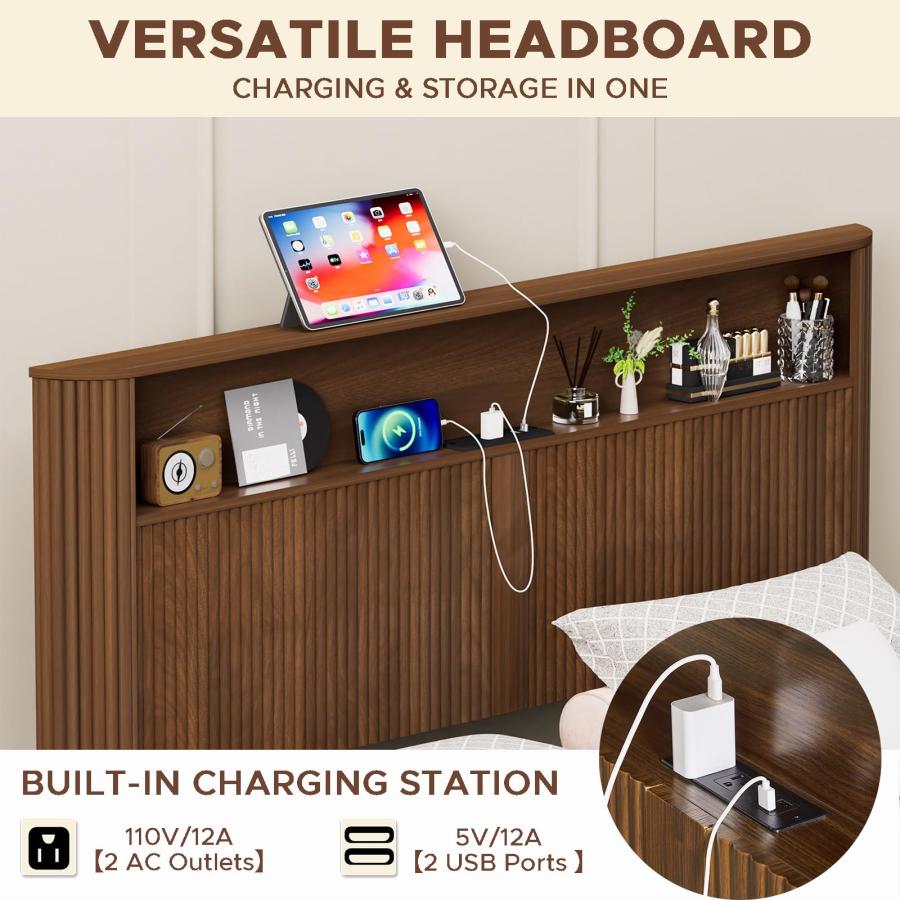 【並行輸入品】 CORAZAZA Walnut Full Size Bed Frame with USB Charging Station an_6