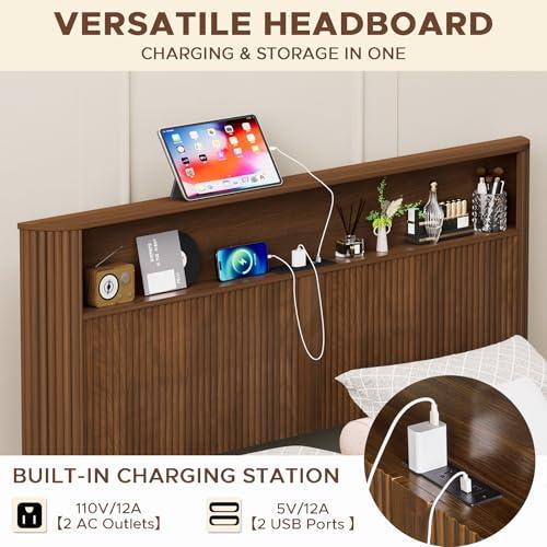 【並行輸入品】 CORAZAZA Walnut Full Size Bed Frame with USB Charging Station an_7