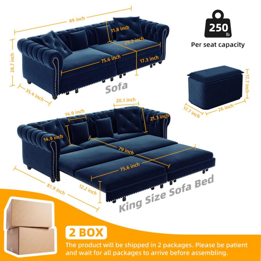 【並行輸入品】 healthomse 89" King Size Pull Out Sofa Bed， 3 in 1 Velvet Conver_3
