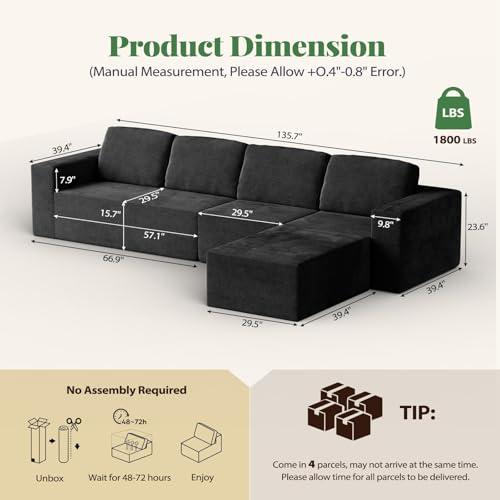 【並行輸入品】 Homiva 136" Cloud Sectional Boneless Sofa， Modular Sectional L S_4