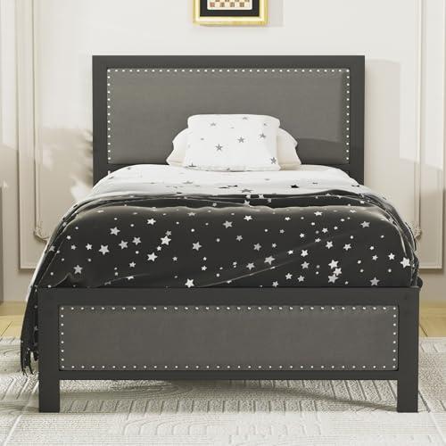 【並行輸入品】 VECELO Twin Size Bed Frame with Upholstered Headboard， Heavy Dut_1