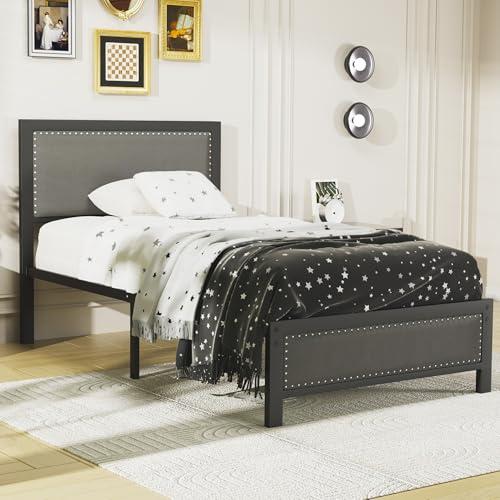 【並行輸入品】 VECELO Twin Size Bed Frame with Upholstered Headboard， Heavy Dut_4