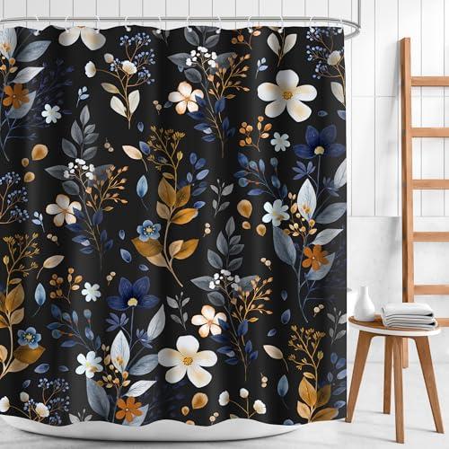【並行輸入品】Mitpok ダークブルー ボーホー 花柄 シャワーカーテン 60Wx72H フラワー ボヘミアン ネイビー 素朴なゴールド ボタ_4