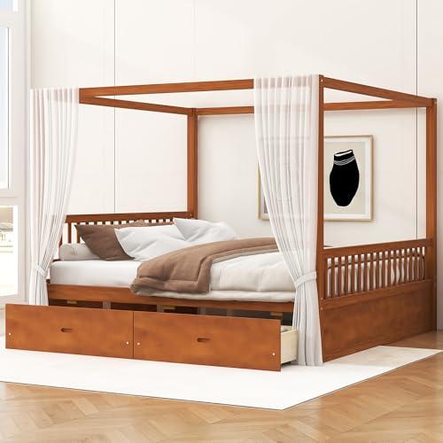 【並行輸入品】 SOFTSEA Queen Size Canopy Bed with Storage Drawers， Four Poster_1