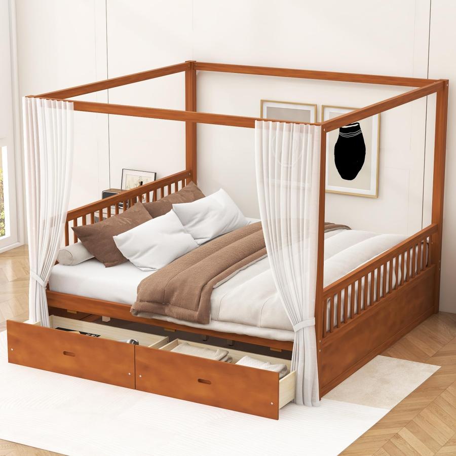 【並行輸入品】 SOFTSEA Queen Size Canopy Bed with Storage Drawers， Four Poster_9