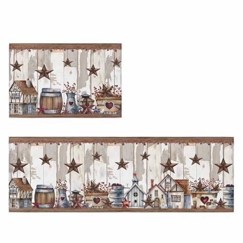 【並行輸入品】 Kitchen Rugs and Mats 2 Pieces Farm Star Barn Non Slip Anti Fati_1
