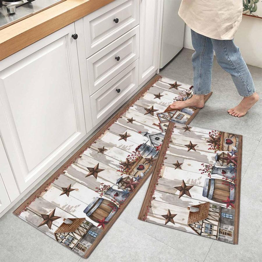 【並行輸入品】 Kitchen Rugs and Mats 2 Pieces Farm Star Barn Non Slip Anti Fati_3