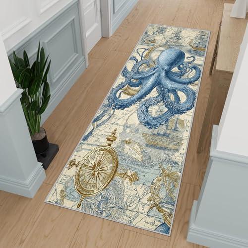 【並行輸入品】 Nautical Runner Rug for Hallway， Octopus Rugs， Washable Rugs Sea_1