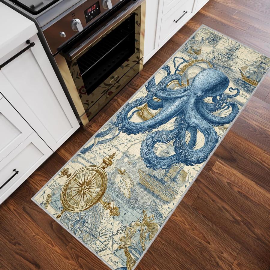 【並行輸入品】 Nautical Runner Rug for Hallway， Octopus Rugs， Washable Rugs Sea_3