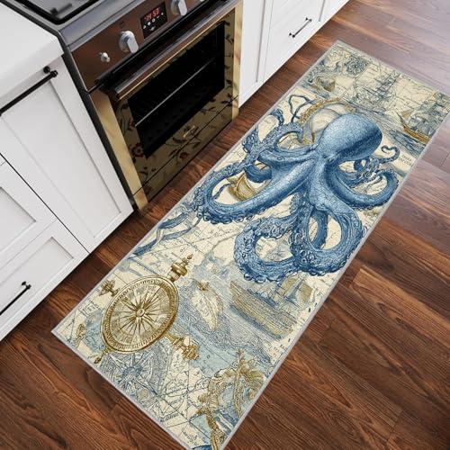 【並行輸入品】 Nautical Runner Rug for Hallway， Octopus Rugs， Washable Rugs Sea_4