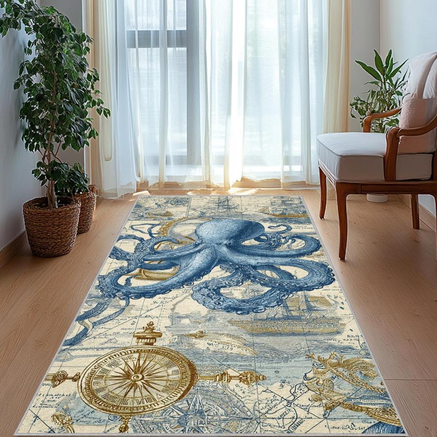 【並行輸入品】 Nautical Runner Rug for Hallway， Octopus Rugs， Washable Rugs Sea_6