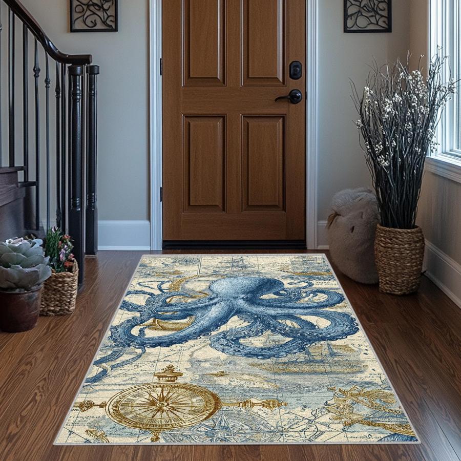 【並行輸入品】 Nautical Runner Rug for Hallway， Octopus Rugs， Washable Rugs Sea_9