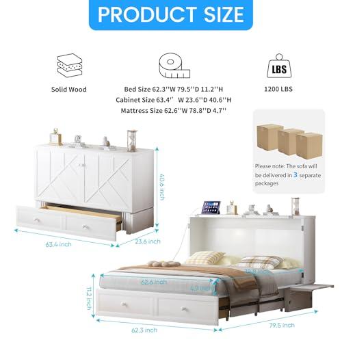 【並行輸入品】PUREMIND マーフィーベッド クイーン マットレス付き 無垢材 隠しキャビネットベッド 収納引き出し2つ付き USB充電
