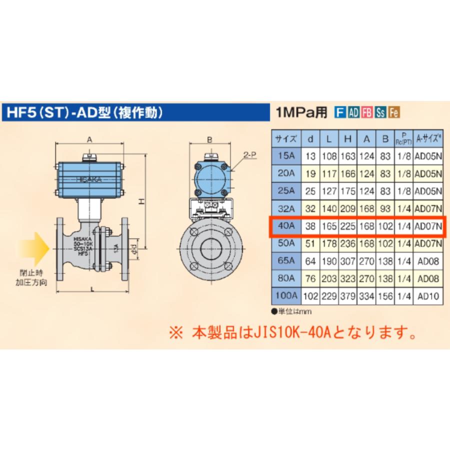日阪 HF5ST-AD07N 40A JIS10K FC200 FLANGE 自動ボール弁 （1台限定