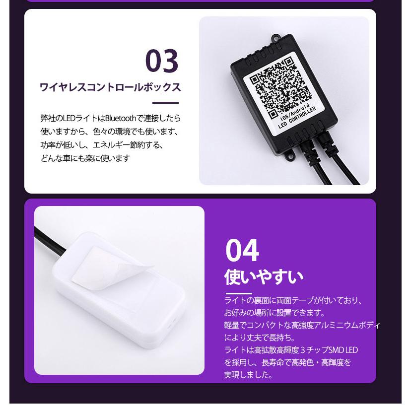 LED テープライトアンビエントライト 4個 8m 足元ライト 付き 雰囲気ライト 補助照明 マルチカラー 無限調色 無段階調光 音楽御製 サイズ調節可能