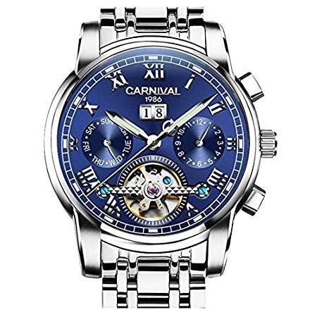 人気ブランド メンズ 特別価格CARNIVAL トゥールビヨン 多機能ブルーウォッチ好評販売中 シルバーステンレススチール 自動巻き機械式腕時計 腕時計