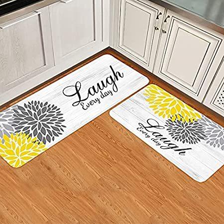 【国内発送】 Kitchen Floral Yellow 特別価格Grey Rug Soft好評販売中 Comfort Mats Floor Kitchen Pieces 2 Set カーペット、ラグ