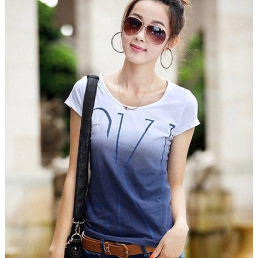 Tシャツ 半袖 カットソー レディース トップス グラデーション スタイルアップ S M L XL 春夏 インナー ホワイト ブルー パープル ロゴ 送料無料 得トクセール | 