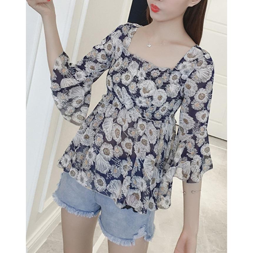 トップス レディース ベルスリーブ 花柄 春 夏 肌見せ ひらひら