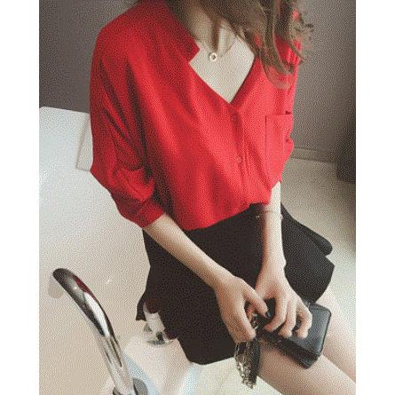 シャツ レディースシャツ Ｖネック バックシャン ブラウス 夏 チラ見せ 無地 背中見せ レディース レッド 送料無料 得トクセール オープン記念 |  | 03