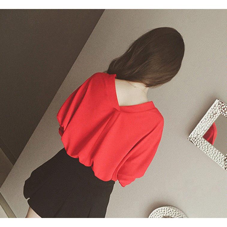 シャツ レディースシャツ Ｖネック バックシャン ブラウス 夏 チラ見せ 無地 背中見せ レディース レッド 送料無料 得トクセール オープン記念 |  | 04