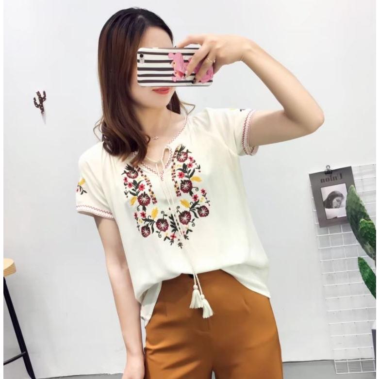 Tシャツ レディース カットソー 半袖  インナー 刺繍 ボヘミアン 紐 エスニック 送料無料 白 黒 ブラック ホワイト 得トクセール オープン記念 | 