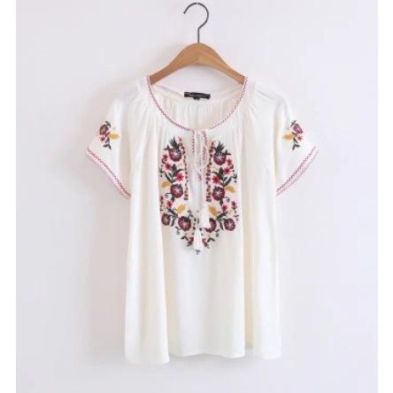 Tシャツ レディース カットソー 半袖  インナー 刺繍 ボヘミアン 紐 エスニック 送料無料 白 黒 ブラック ホワイト 得トクセール オープン記念 |  | 02