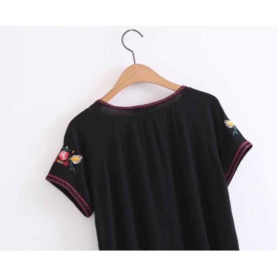 Tシャツ レディース カットソー 半袖  インナー 刺繍 ボヘミアン 紐 エスニック 送料無料 白 黒 ブラック ホワイト 得トクセール オープン記念 |  | 03