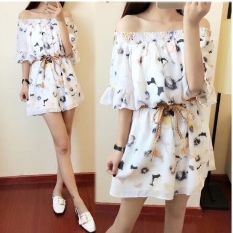 オフショル オールインワン ミニ 花柄 ショートパンツ 袖フレア フレア 夏 ぼかしフラワー レディース |  | 01