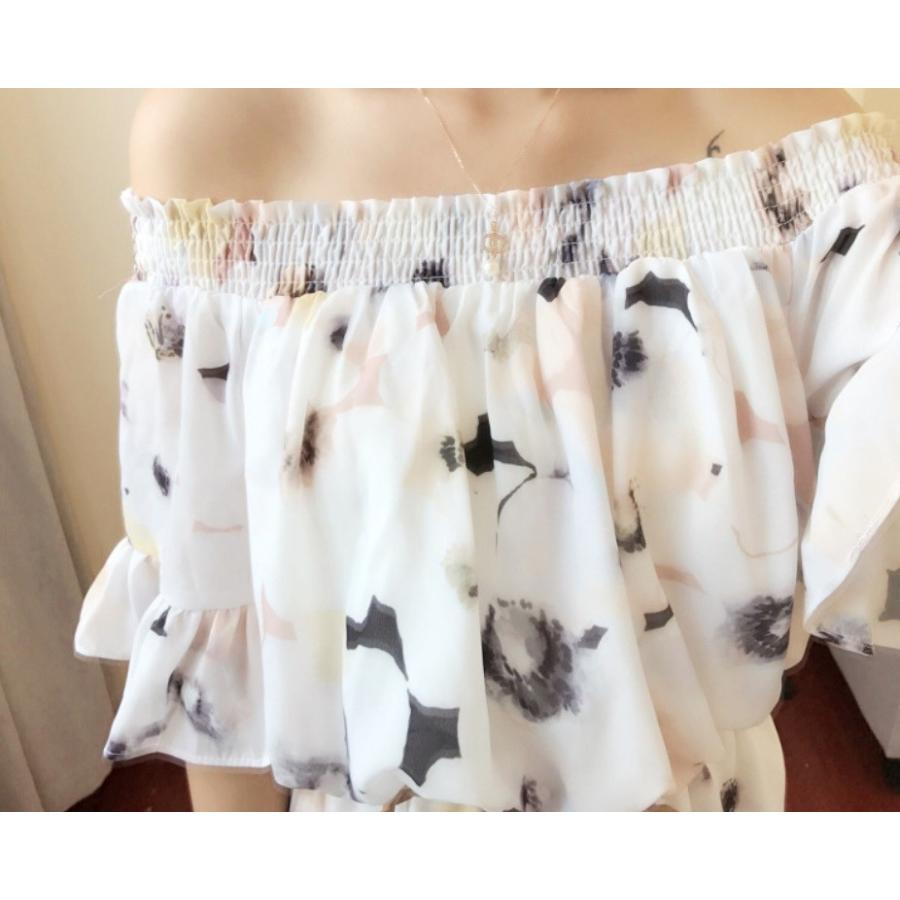 オフショル オールインワン ミニ 花柄 ショートパンツ 袖フレア フレア 夏 ぼかしフラワー レディース |  | 04