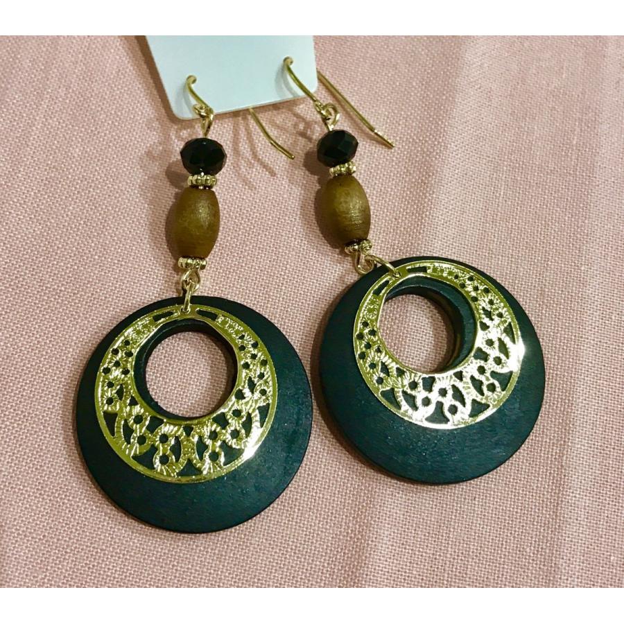 ピアス レディース エスニック ボヘミアン ぶら下がり サークル ウッド フック アクセサリー ブラック ゴールド 得トクセール 送料無料 オープン記念 | 