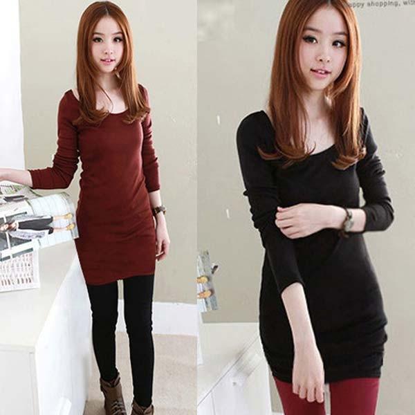 Tシャツ レディース カットソー ロング丈 チュニック ワンピース ロンＴ 長袖 チュニック丈 シンプル Ｕネック ブラック ネイビー ボルドー 得トクセール | 