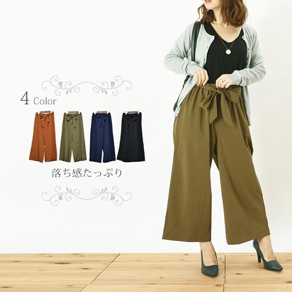 ガウチョパンツ レディース ワイドパンツ ガウチョ ボトムス リボン ツイル ウエストゴム ゆったり 体型カバー 送料無料 得トクセール オープン記念 | 