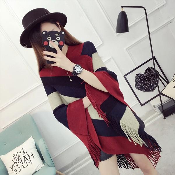 ポンチョ レディース ニットポンチョ ボーダー ニット 羽織り カーディガン ブラック レッド ブラウン 送料無料 得トクセール オープン記念 |  | 01