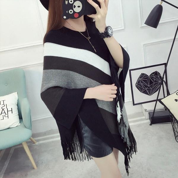 ポンチョ レディース ニットポンチョ ボーダー ニット 羽織り カーディガン ブラック レッド ブラウン 送料無料 得トクセール オープン記念 |  | 02