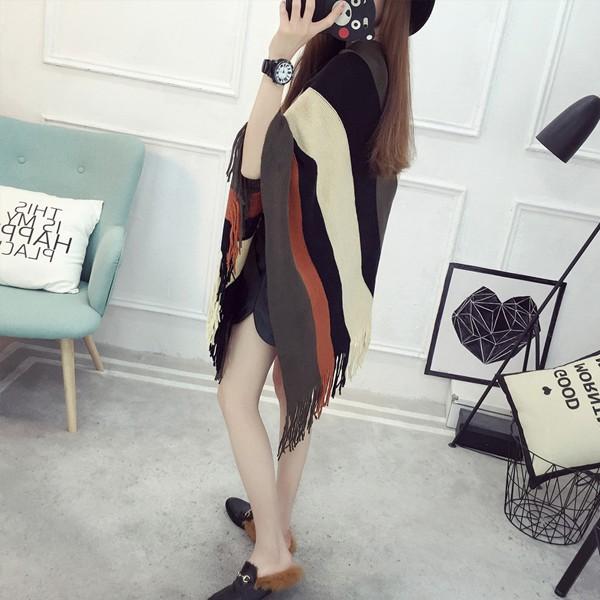 ポンチョ レディース ニットポンチョ ボーダー ニット 羽織り カーディガン ブラック レッド ブラウン 送料無料 得トクセール オープン記念 |  | 03