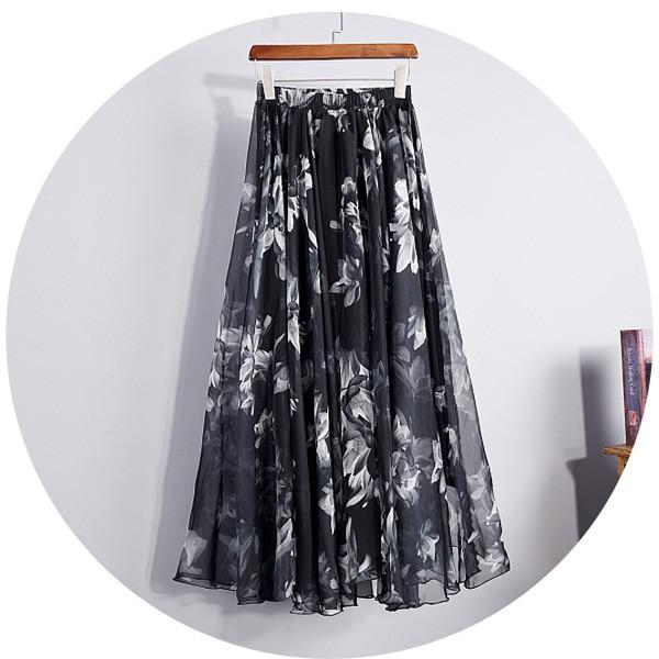 スカート フレアロングスカート シフォンロングスカート ウエストゴム マキシスカート 花柄 フラワー レディース ボトムス  得トクセール オープン記念 送料無料 |  | 01