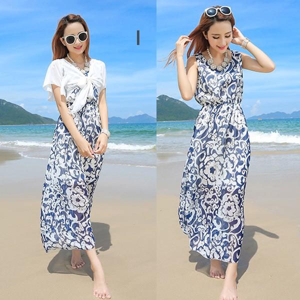 ワンピース マキシワンピ ロングワンピ レディース リゾート ノースリーブ 袖なし ウエストゴム ブラウジング 夏 海 かわいい 柄 送料無料 得トクセール |  | 09